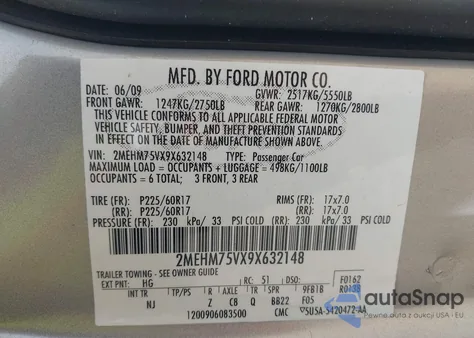 2009 Mercury Grand Marquis Ls (Fleet Only) from USA, damaged, VIN 2MEHM75VX9X632148